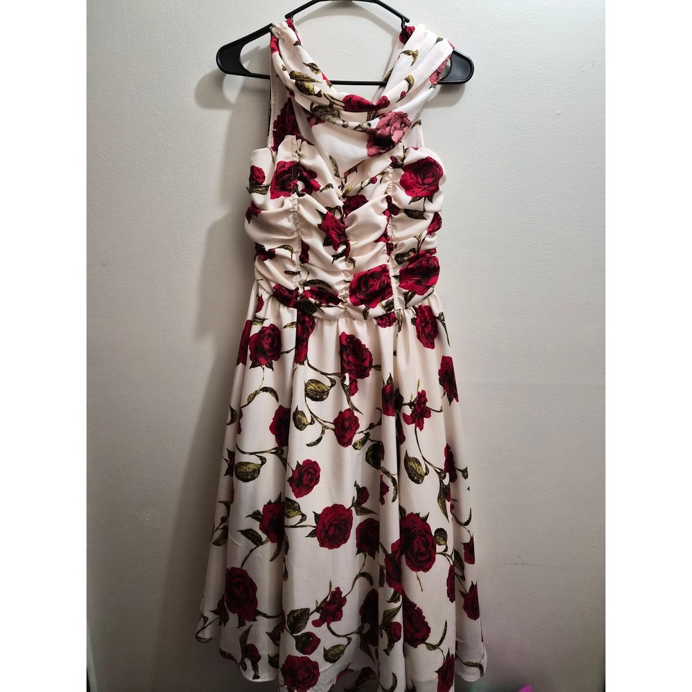 Unique Vintage Red Roses Fit and Flare Ruched Midi Dress Cream Size M 6-8